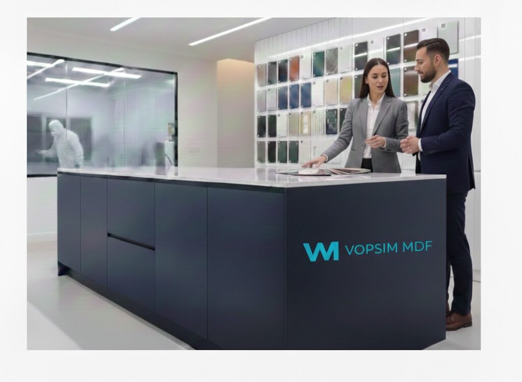 Echipa Vopsim MDF oferind consultanță premium într-un showroom modern, cu perete de mostre și cabină de vopsit profesională.